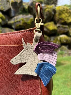 PLG Unicorn Keychain Bag Charm Lobster Clasp Pebbled Bone Blue Pink Purple